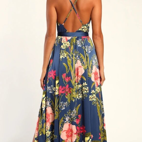 Lulus Still The One Blue Floral Print Satin Maxi Dress - Size S - Picture 5 of 6
